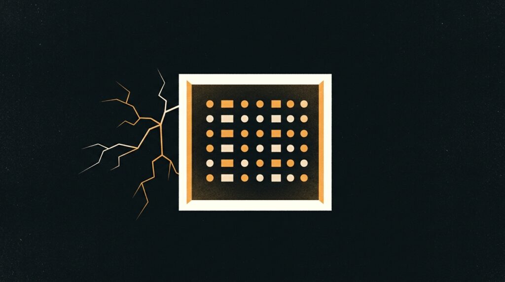 Un panel de indicadores iluminado y, fuera del marco, una grieta que avanza en la oscuridad
